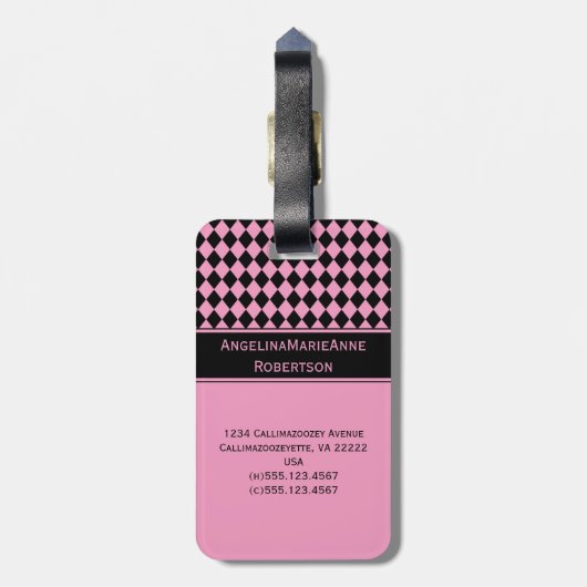 Girly rosa schwarze Rauten-Diamant-Muster-Umbauten Gepäckanhänger (Rückseite vertikal)