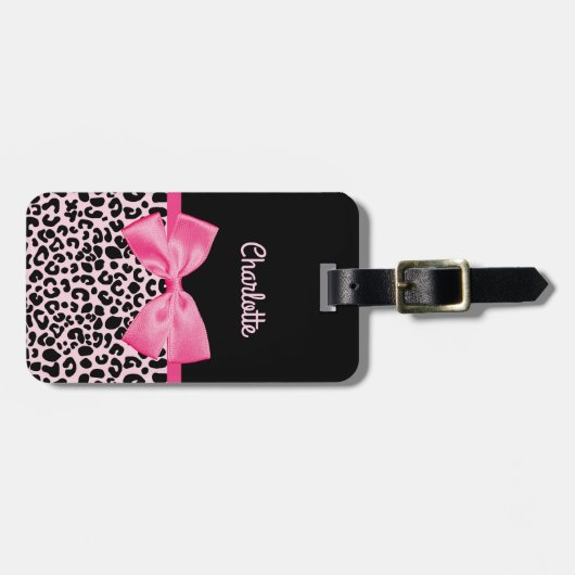 Girly rosa schwarzer Leopard-Druck-niedlicher Gepäckanhänger (Vorderseite horizontal)