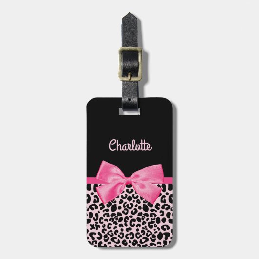 Girly rosa schwarzer Leopard-Druck-niedlicher Gepäckanhänger (Vorderseite vertikal)