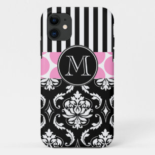 GIRLY ROSA SCHWARZES STRIPES DAMAST-MONOGRAMM Case-Mate iPhone HÜLLE