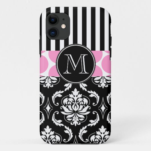 GIRLY ROSA SCHWARZES STRIPES DAMAST-MONOGRAMM Case-Mate iPhone HÜLLE (Rückseite)