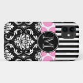 GIRLY ROSA SCHWARZES STRIPES DAMAST-MONOGRAMM Case-Mate iPhone HÜLLE (Rückseite (Horizontal))