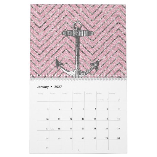 Girly rosa silberner Glitzer-Zickzack Muster-Anker Kalender (Jan 2027)