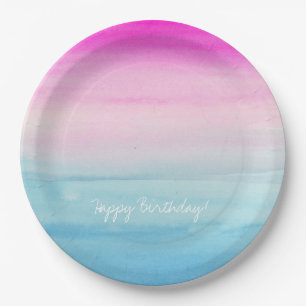 Girly rosa und blauer Aquarell Ombre   Geburtstag Pappteller