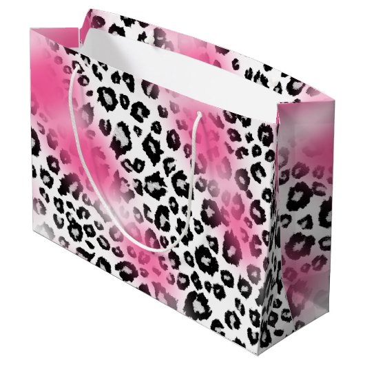 Girly Rosa-und Schnee-Leopard-Masche Große Geschenktüte (Rückseite Schrägansicht)