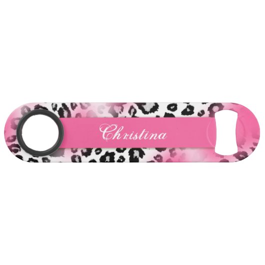Girly Rosa-und Schnee-Leopard-Maschen-Monogramm Speed Flaschenöffner (Vorderseite (Horizontal))