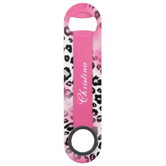 Girly Rosa-und Schnee-Leopard-Maschen-Monogramm Speed Flaschenöffner (Vorderseite)