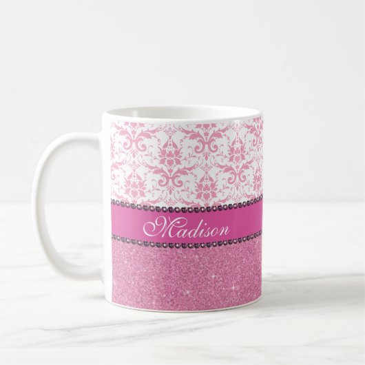 Girly rosa und weißer Damast, rosa Glitter Name Kaffeetasse (Links)