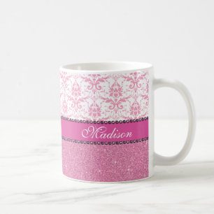 Girly rosa und weißer Damast, rosa Glitter Name Kaffeetasse