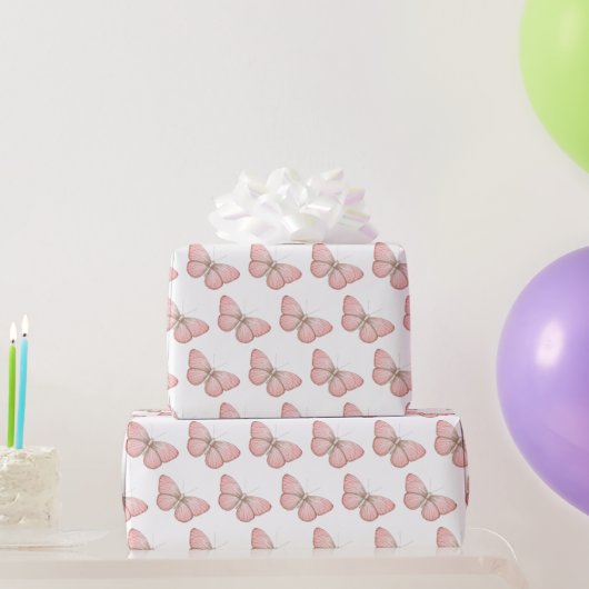 Girly Rosa Weiße Schmetterlinge Geburtstag Geschenkpapier (Partygeschenke)
