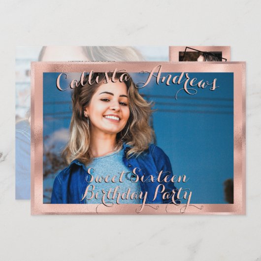 Girly Rose Gold Border Foto Collage Sweet 16 Einladung (Vorne/Hinten)