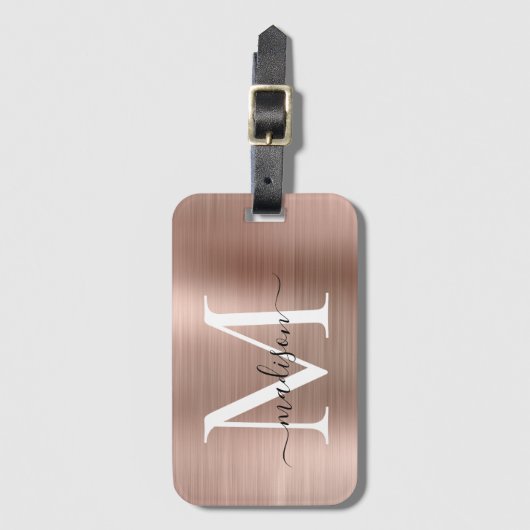 Girly Rose Gold Brushed Metal Monogram Script Gepäckanhänger (Vorderseite Vertikal)