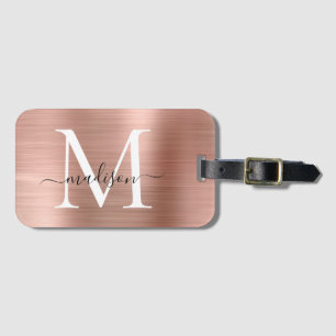 Girly Rose Gold Brushed Metal Monogram Script Gepäckanhänger