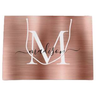 Girly Rose Gold Brushed Metal Monogram Script Name Große Geschenktüte