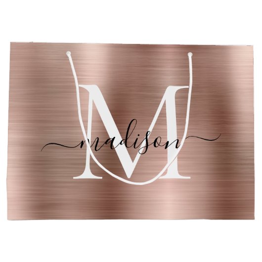 Girly Rose Gold Brushed Metal Monogram Script Name Große Geschenktüte (Rückseite)
