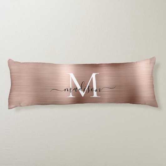 Girly Rose Gold Brushed Metal Monogram Script Name Seitenschläferkissen (Rückseite)