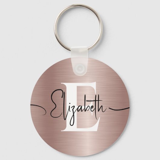 Girly Rose Gold Brushed Metal Script Name Monogram Schlüsselanhänger (Vorderseite)