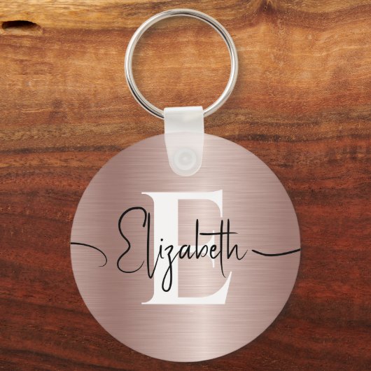 Girly Rose Gold Brushed Metal Script Name Monogram Schlüsselanhänger (Vorderseite)