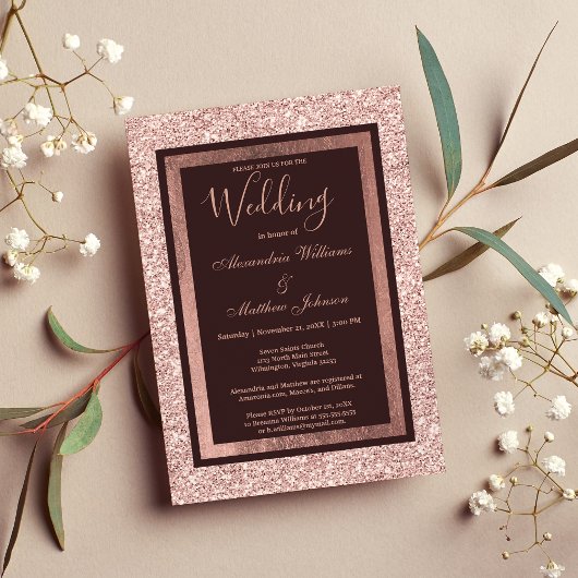 Girly Rose gold burgundy Glitzer Wedding Einladung