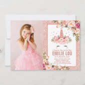 Girly Rose Gold Einhorn Wasserfarben Rose Geburtst Einladung (Vorderseite)