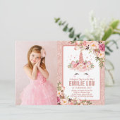 Girly Rose Gold Einhorn Wasserfarben Rose Geburtst Einladung (Stehend Vorderseite)