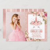 Girly Rose Gold Einhorn Wasserfarben Rose Geburtst Einladung (Vorne/Hinten)