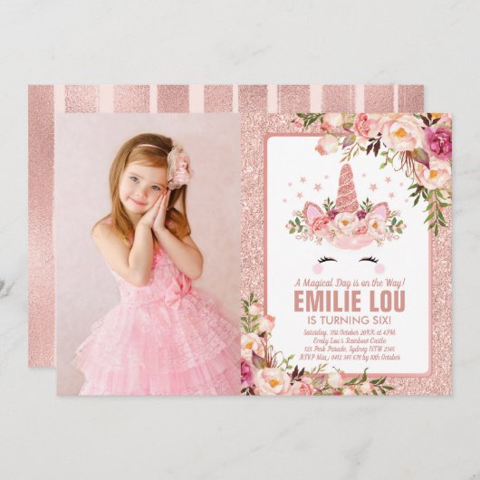 Girly Rose Gold Einhorn Wasserfarben Rose Geburtst Einladung (Vorne/Hinten)