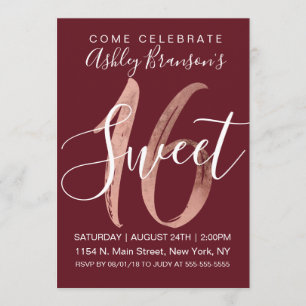 Girly Rose Gold Foil Burgund Red Sweet 16 Einladung