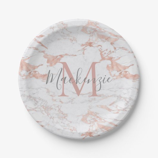 Girly Rose Gold Foil | Marmormonogramm Pappteller (Vorderseite)