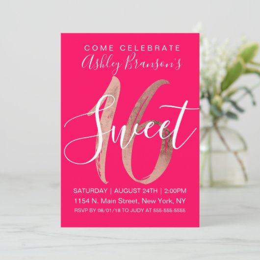 Girly Rose Gold Foil Neon Pink Süß 16 Einladung (Stehend Vorderseite)