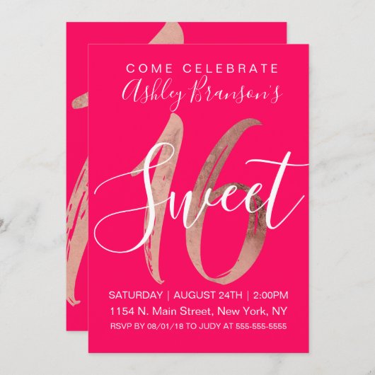 Girly Rose Gold Foil Neon Pink Süß 16 Einladung (Vorne/Hinten)