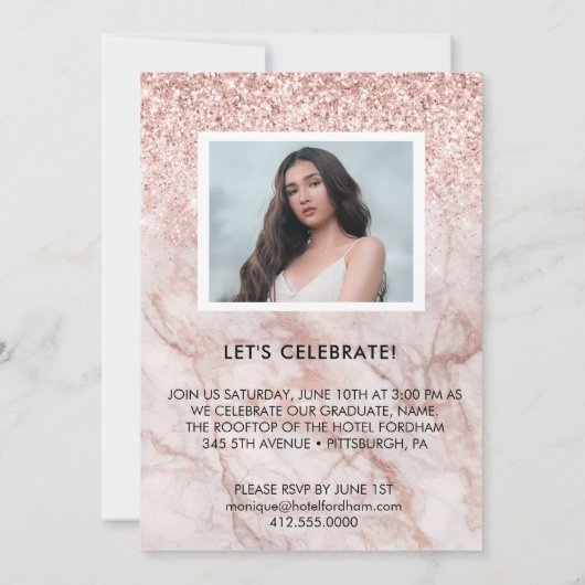 Girly Rose Gold Foto Graduation Party Einladung (Rückseite)