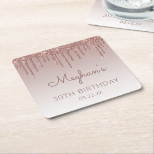 Girly Rose Gold Glitter Drip 30. Geburtstagsfeier Rechteckiger Pappuntersetzer