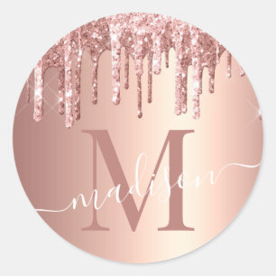 Girly Rose Gold Glitter Drip Folien-Monogramm Runder Aufkleber