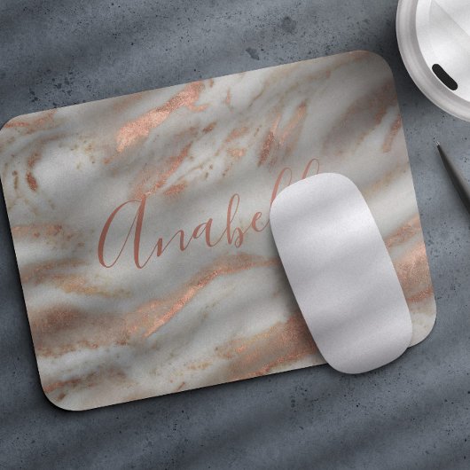 Girly rose gold glitter marble elegant name script mousepad