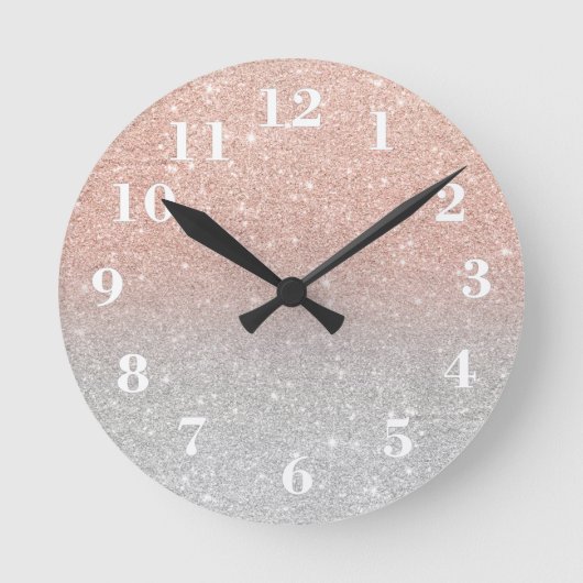 Girly rose gold glitter ombre silver glitter runde wanduhr (Vorderseite)