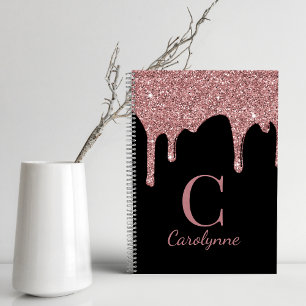 Girly Rose Gold Glitter Tropfen Monogramm auf Schw Notizblock