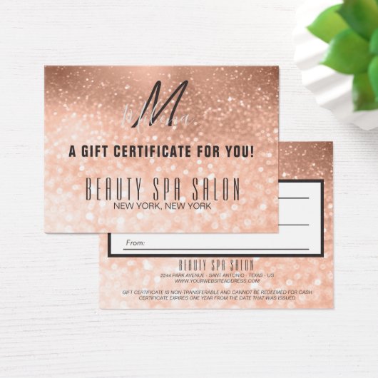 Girly Rose Gold Glittery Monogram Gift Certificate (Schreibtisch)