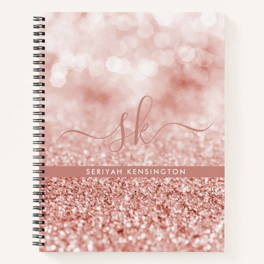 Girly Rose Gold Glitzer Bokeh Luxe Monogram Notizblock (Vorderseite)