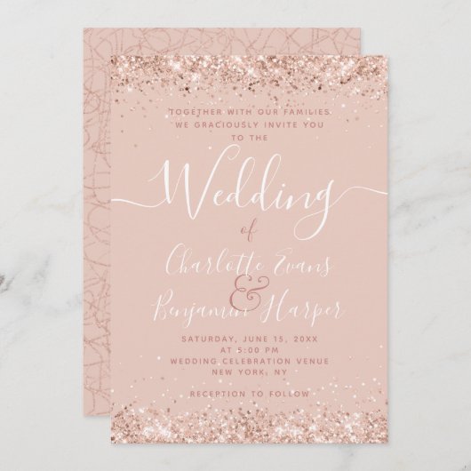 Girly Rose Gold Glitzer Hochzeitseinladung Einladung (Vorne/Hinten)