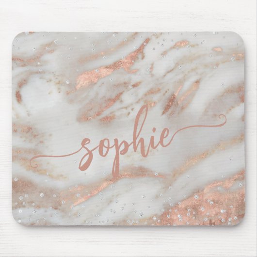 Girly Rose Gold Glitzer Marmor eleganter Skriptnam Mousepad (Vorne)