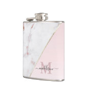 Girly Rose Gold Glitzer Marmor Monogramm Flachmann (Links)