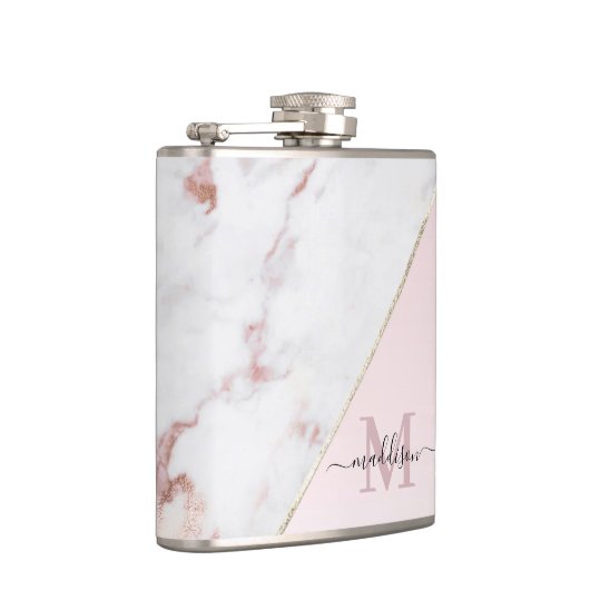 Girly Rose Gold Glitzer Marmor Monogramm Flachmann (Rechts)