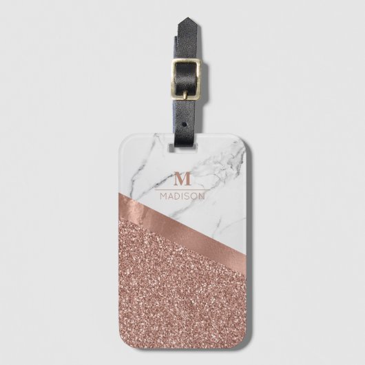 Girly Rose Gold Glitzer | Marmormonogramm Gepäckanhänger (Vorderseite Vertikal)