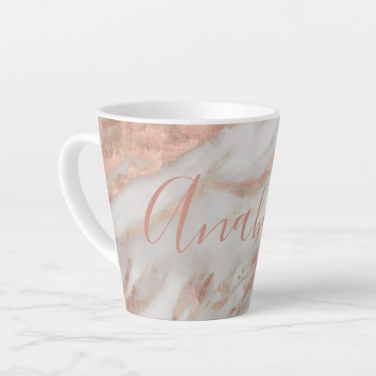 Girly Rose Gold Glitzer Marmorname personalisiert Milchtasse (Linke Ecke)
