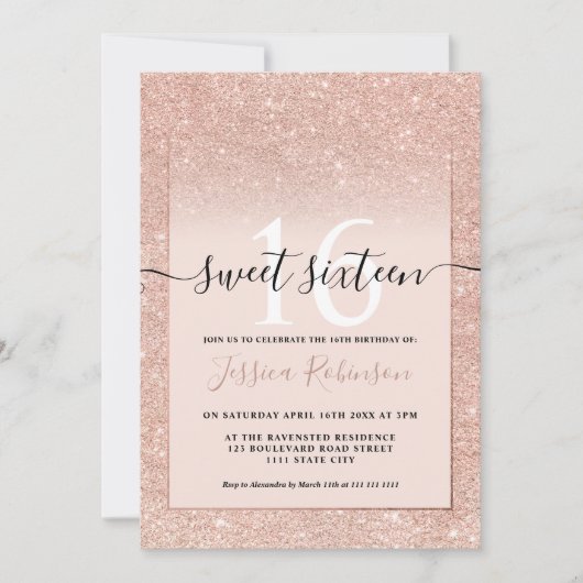 Girly Rose gold Glitzer ombre pink chic Sweet 16 Einladung (Vorderseite)