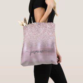 Girly Rose Gold Glitzer Pink Metal Name Script Tasche