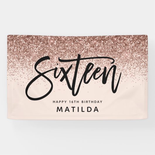 Girly Rose Gold Glitzer Rosa Typograph 16 Geburtst Banner (Horizontal)