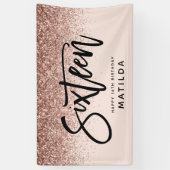 Girly Rose Gold Glitzer Rosa Typograph 16 Geburtst Banner (Vertikal)