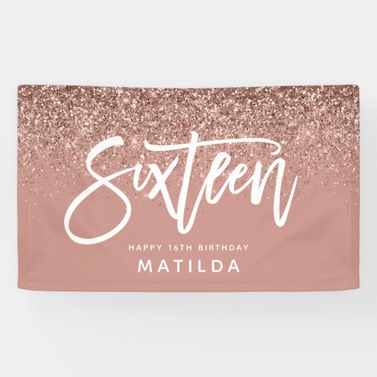 Girly Rose Gold Glitzer Rosa Typograph 16 Geburtst Banner (Horizontal)
